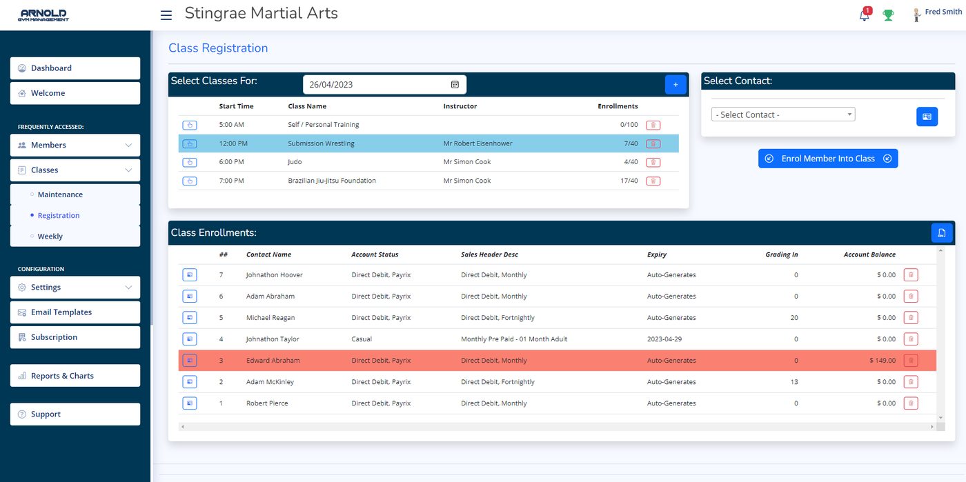 Arnold class registration screen with today's classes and enrolled students