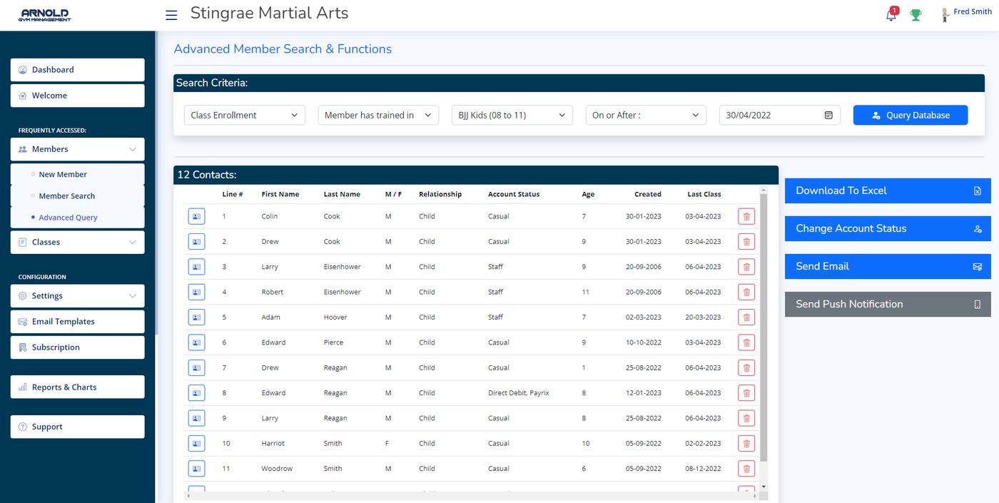 Arnold advanced member search with results and bulk actions